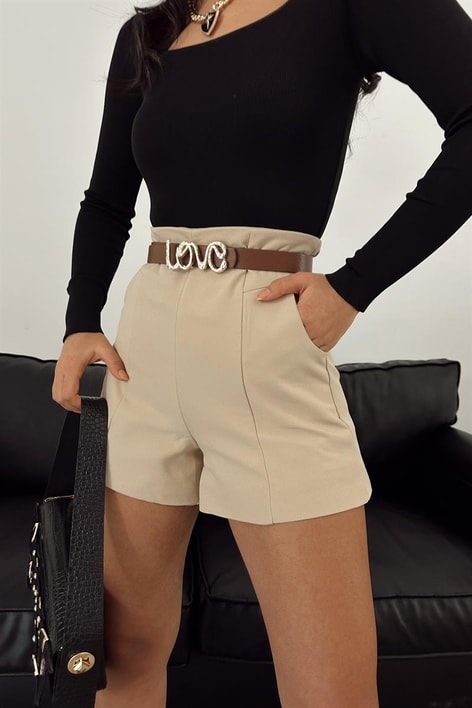 Cep Detaylı Şort Bej