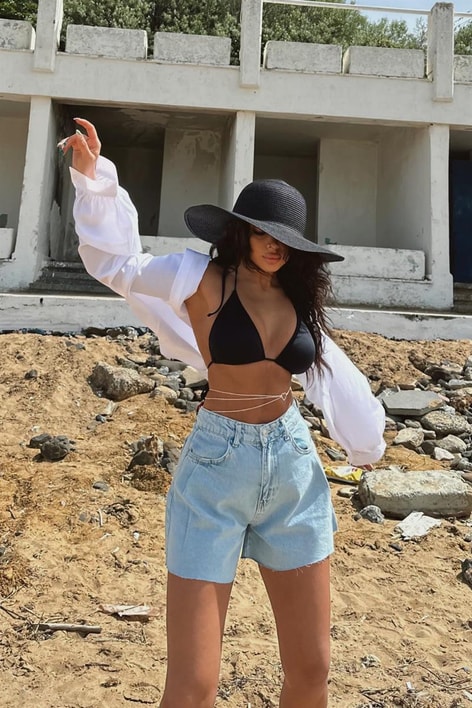 Crop Kesim Yüksek Bel Şort Buz Mavi
