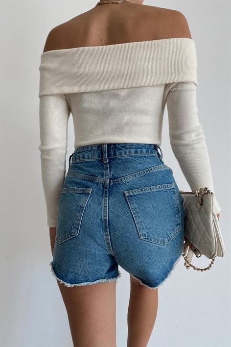 Distressed Mini Denim Şort Mavi