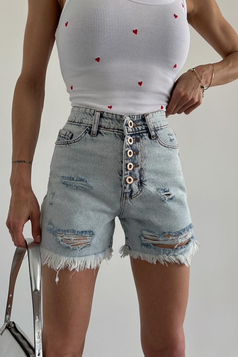Düğmeli Yırtık Detay Denim Şort Mavi