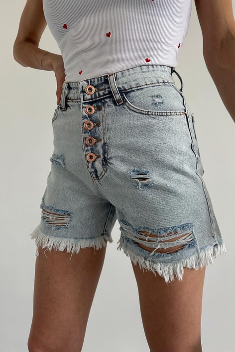 Düğmeli Yırtık Detay Denim Şort Mavi
