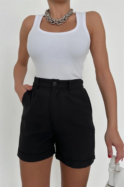 Katlamalı Ham Keten Şort Siyah