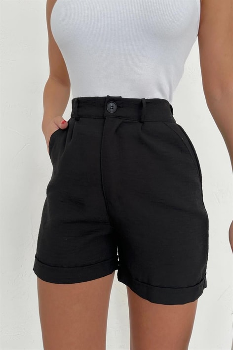 Katlamalı Ham Keten Şort Siyah
