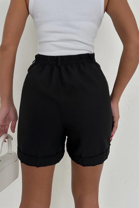 Katlamalı Ham Keten Şort Siyah