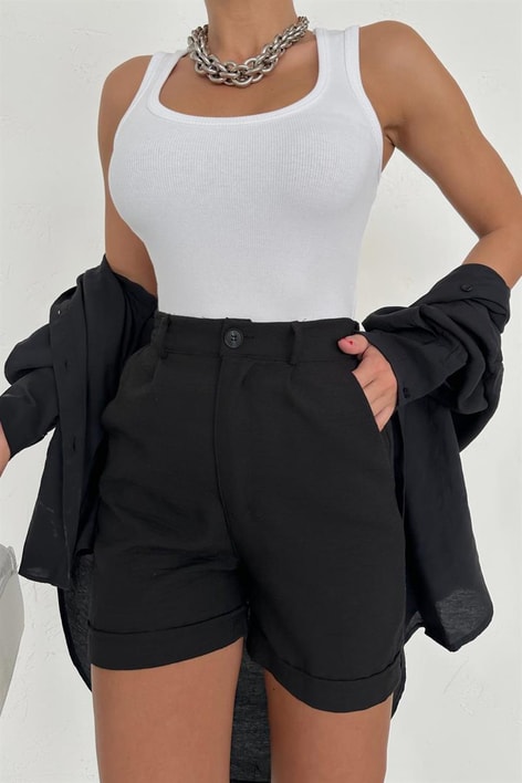 Katlamalı Ham Keten Şort Siyah