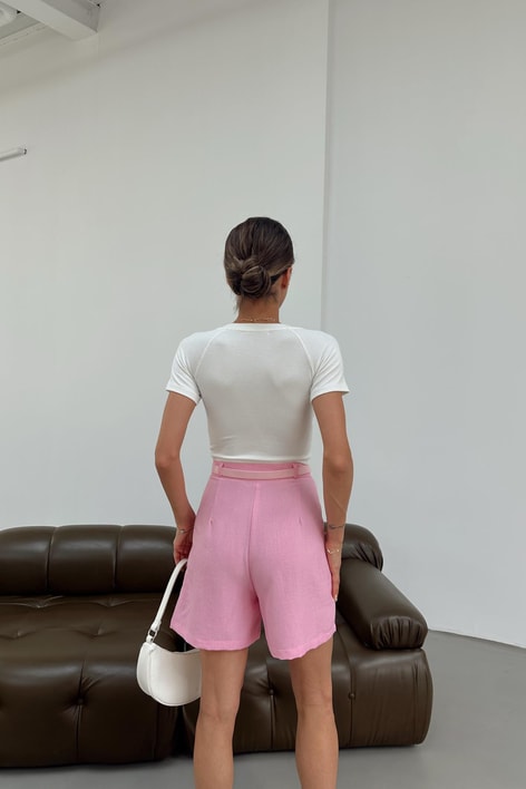 Kemerli Keten Şort Pembe