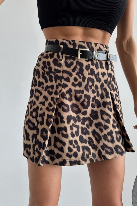 Kemerli Leopar Şort Etek Kahve