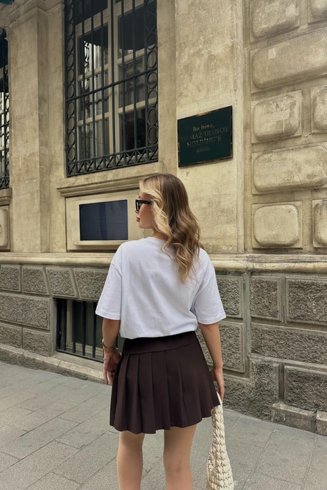 Kemerli Pilise Şort Etek Kahve