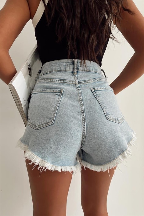 Paça Püsküllü Denim Şort Mavi