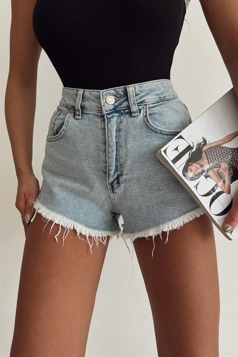 Paça Püsküllü Denim Şort Mavi