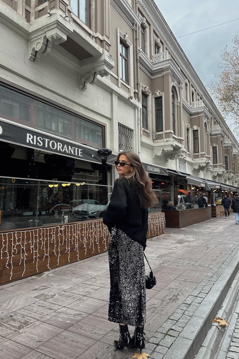 Payetli Etek Gümüş