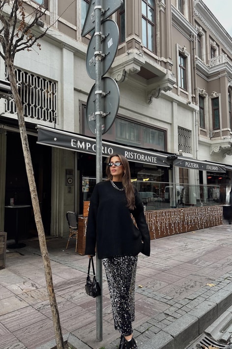 Payetli Etek Gümüş