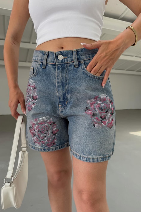 Pink Taşlı Kot Şort Mavi