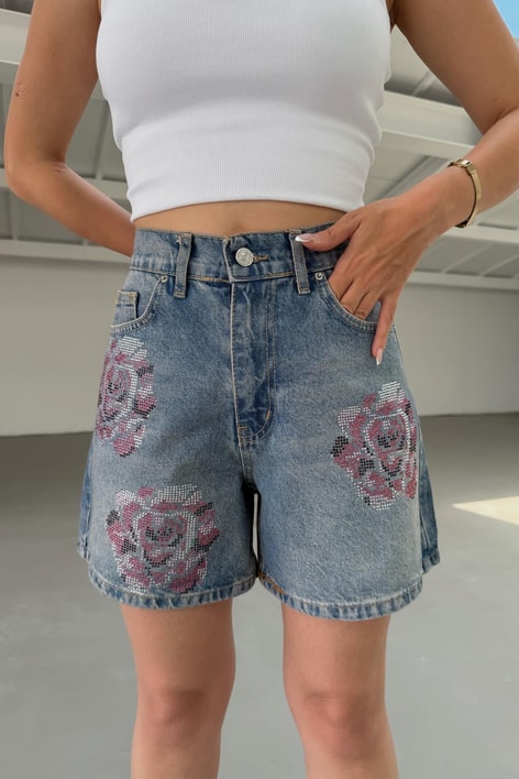Pink Taşlı Kot Şort Mavi