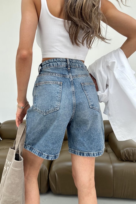 Premium Yıkamalı Denim Şort Mavi