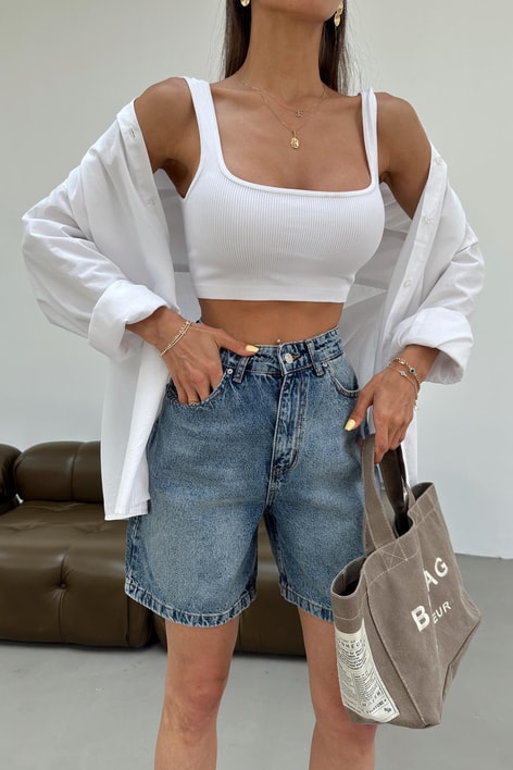Premium Yıkamalı Denim Şort Mavi