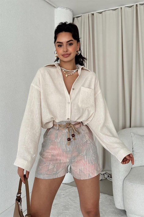 Tropical Desen Kemerli Şort Pembe