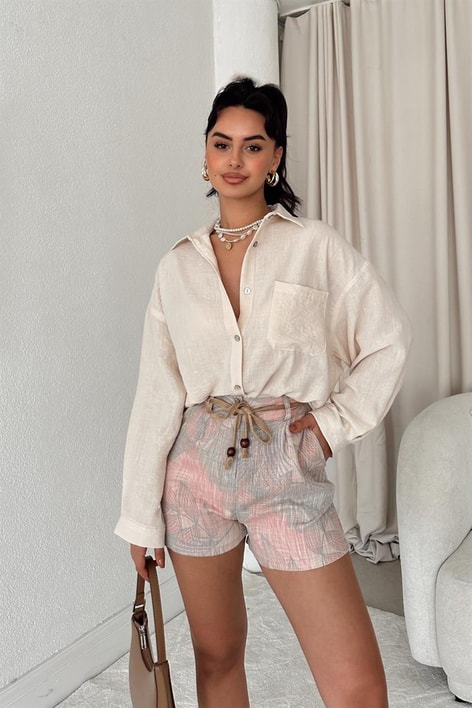 Tropical Desen Kemerli Şort Pembe