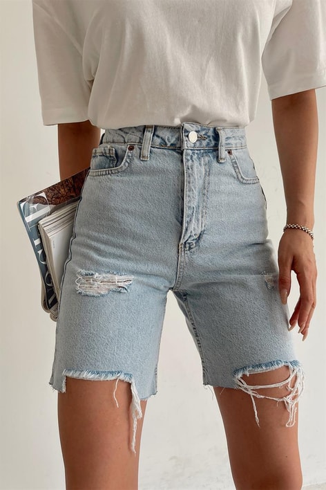 Yırtmaçlı Cool Denim Şort Buz Mavi
