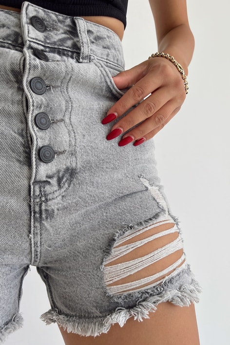 Yüksek Bel Paça Püsküllü Denim Şort Füme