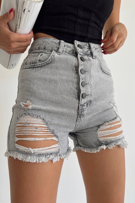 Yüksek Bel Paça Püsküllü Denim Şort Füme