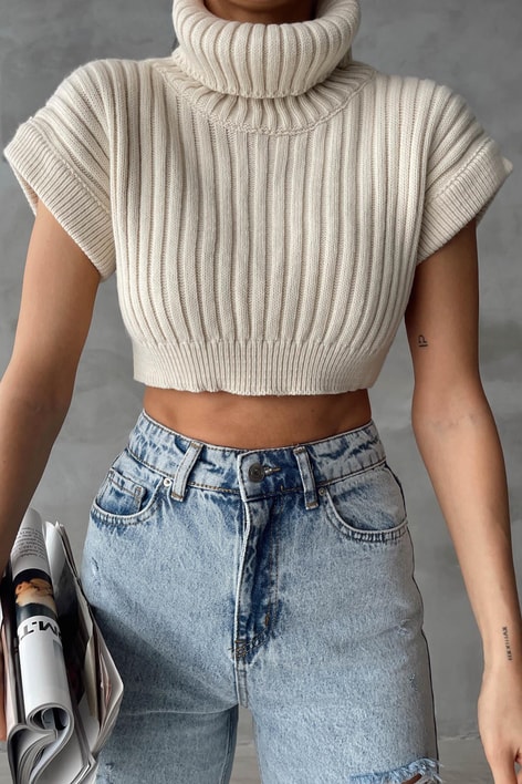 Boğazlı Crop Süveter Bej