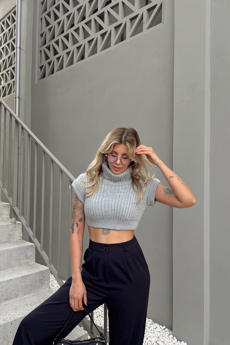 Boğazlı Crop Süveter Gri