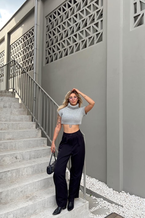 Boğazlı Crop Süveter Gri