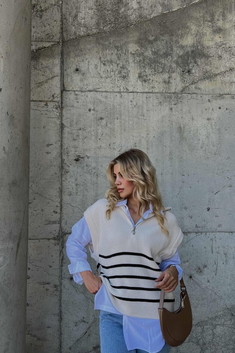 Fermuarlı Line Süveter Krem