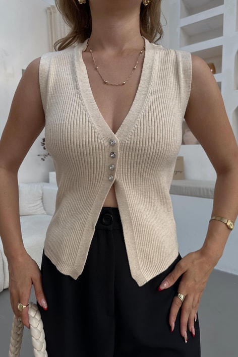 Kısa Taş Düğmeli Yelek Krem