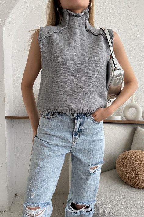 Ters Dikiş Detay Süveter Gri