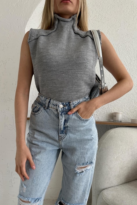 Ters Dikiş Detay Süveter Gri