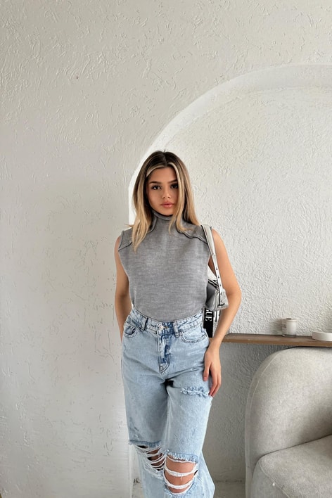 Ters Dikiş Detay Süveter Gri