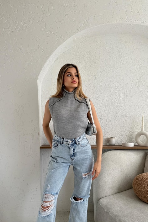 Ters Dikiş Detay Süveter Gri