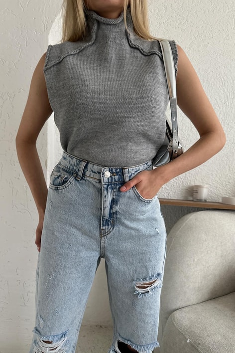 Ters Dikiş Detay Süveter Gri