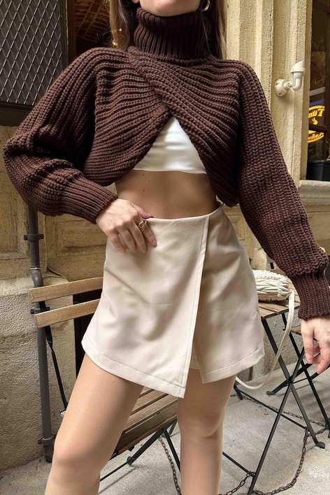 Ters Kesim Triko Süveter Kahve