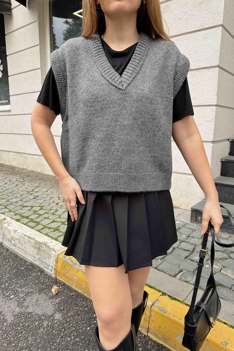 V Yaka Oversize Süveter Antrasit