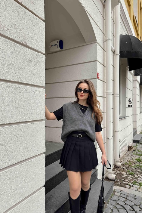 V Yaka Oversize Süveter Antrasit