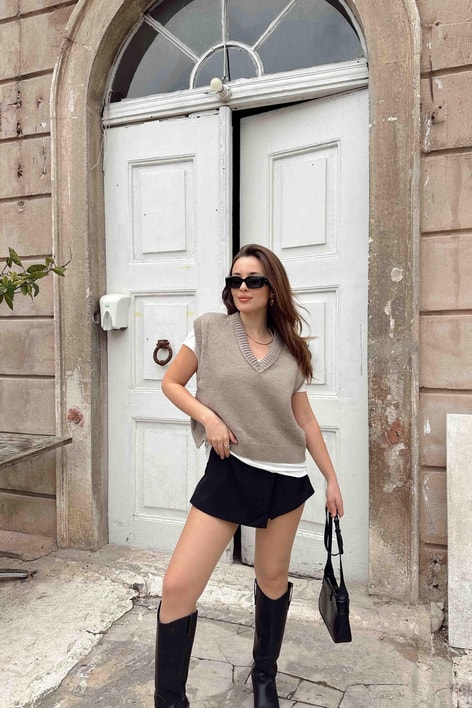 V Yaka Oversize Süveter Vizon