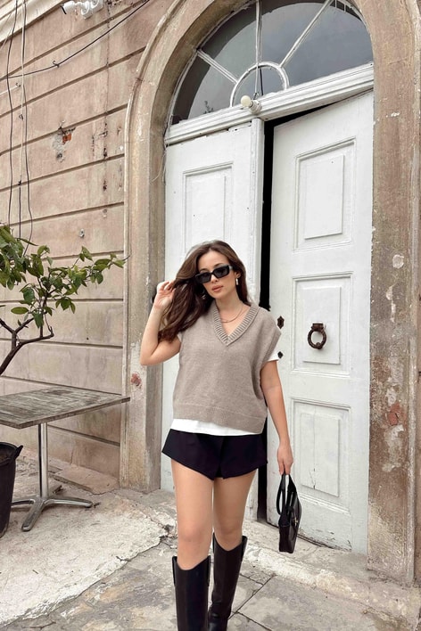 V Yaka Oversize Süveter Vizon