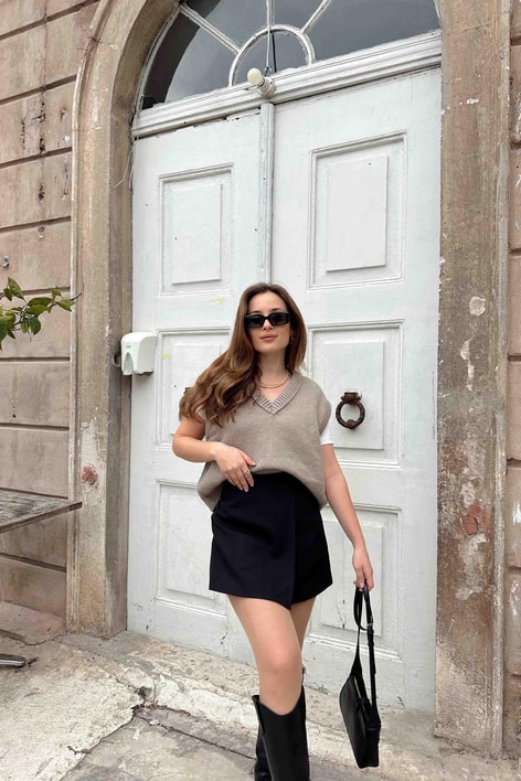 V Yaka Oversize Süveter Vizon