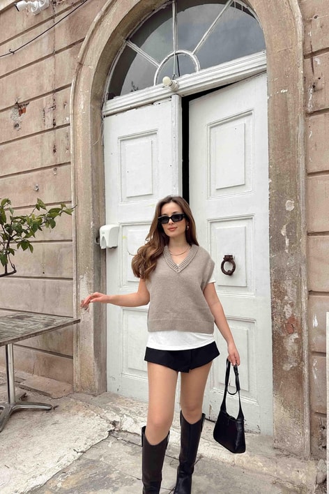 V Yaka Oversize Süveter Vizon