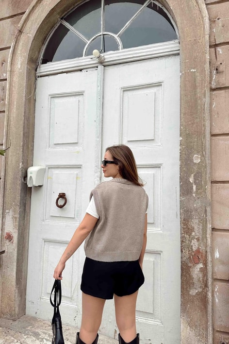 V Yaka Oversize Süveter Vizon