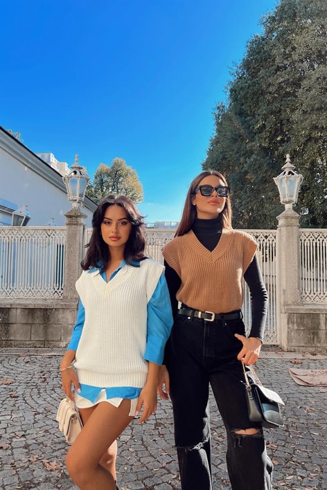 V Yaka Triko Süveter Kahverengi