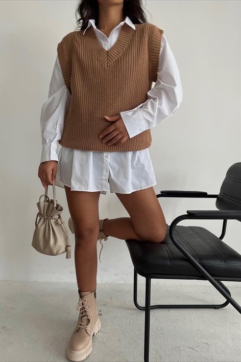 V Yaka Triko Süveter Kahverengi