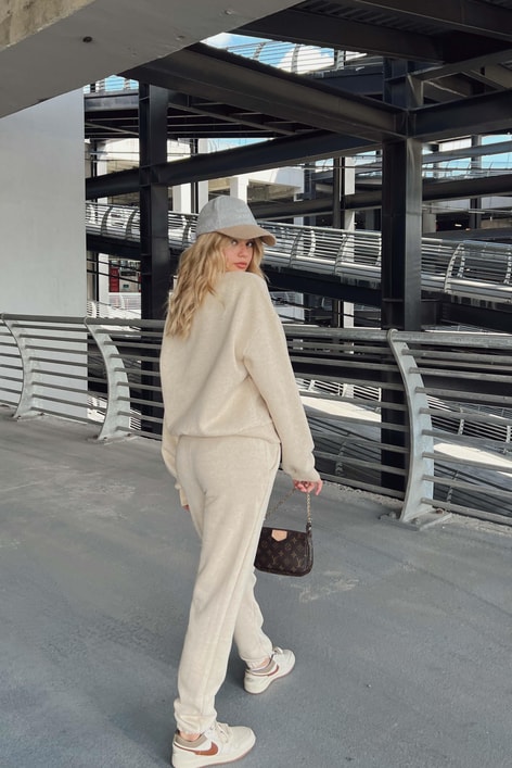 Bisiklet Yaka Basic Sweatshirt Bej Melanj