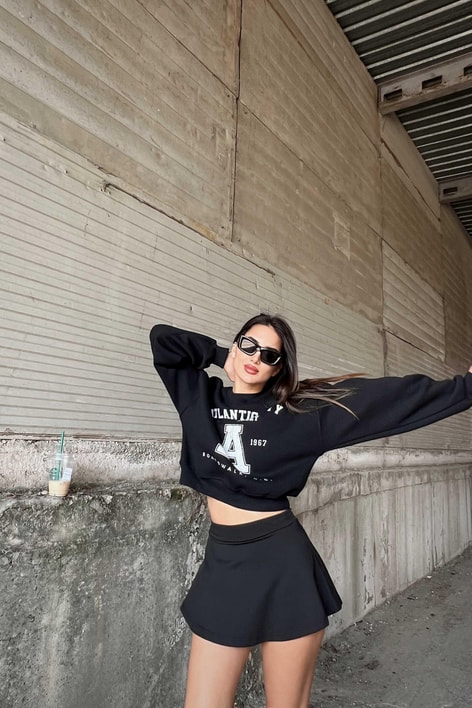 Bisiklet Yaka Baskılı Sweat Siyah