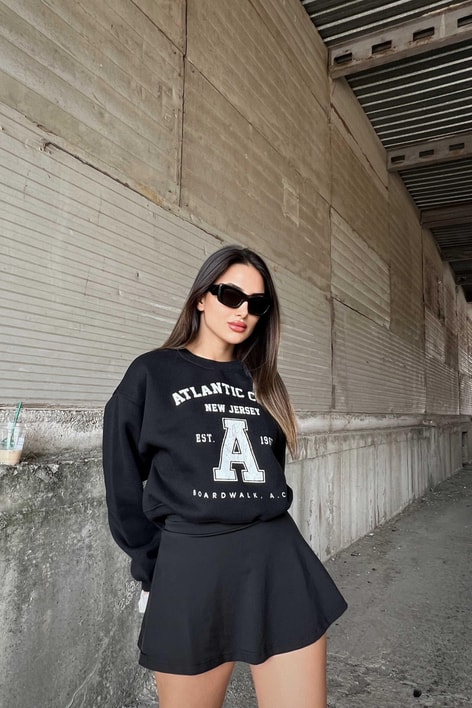 Bisiklet Yaka Baskılı Sweat Siyah