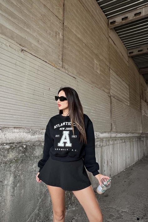 Bisiklet Yaka Baskılı Sweat Siyah