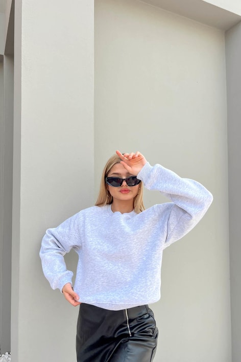 Bisiklet Yaka Celp Sweatshirt Gri Melanj